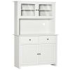 63.5" Kitchen Hutch Cabinet, Pantry Storage Cabinet with 4 Shelves, Drawers, Framed Glass Doors, Open Microwave Countertop, Antique White
