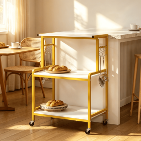 3-Tier Rolling Microwave Cart Kitchen Storage Organizer with Power Outlet Lockable Wheels And 10 Hooks for Kitchen