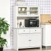 63.5" Kitchen Hutch Cabinet, Pantry Storage Cabinet with 4 Shelves, Drawers, Framed Glass Doors, Open Microwave Countertop, Antique White