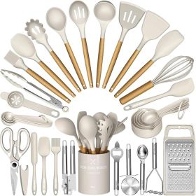 Chef Silicone Kitchen Utensil Set, 34PCS Heat Resistant Kitchen Gadgets and Tools With Grater, Wood Handles for Nonstick Cookware (type: Silicone, Wood)